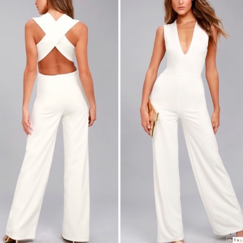 Lulus white thinking out loud jumpsuit white cross back size medium
